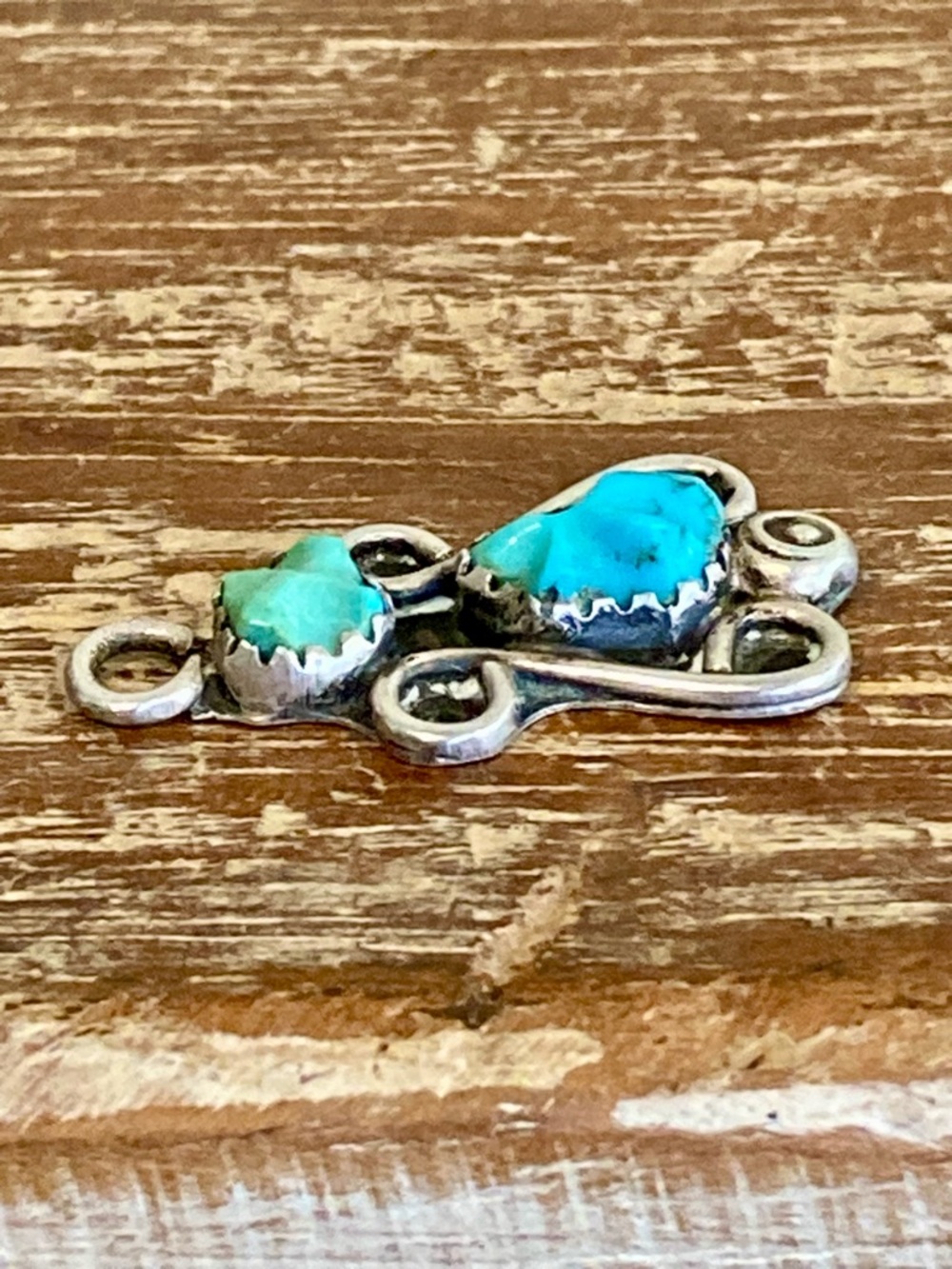 Small Southwestern Style Pendant Silver Tone with Two Blue Stones Sawtooth Bezel - Picture 5 of 11